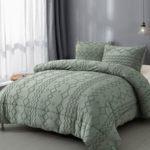 Green Tufted Comforter Set King Size (102×90 inches), Boho Shabby Chic C... - £47.95 GBP