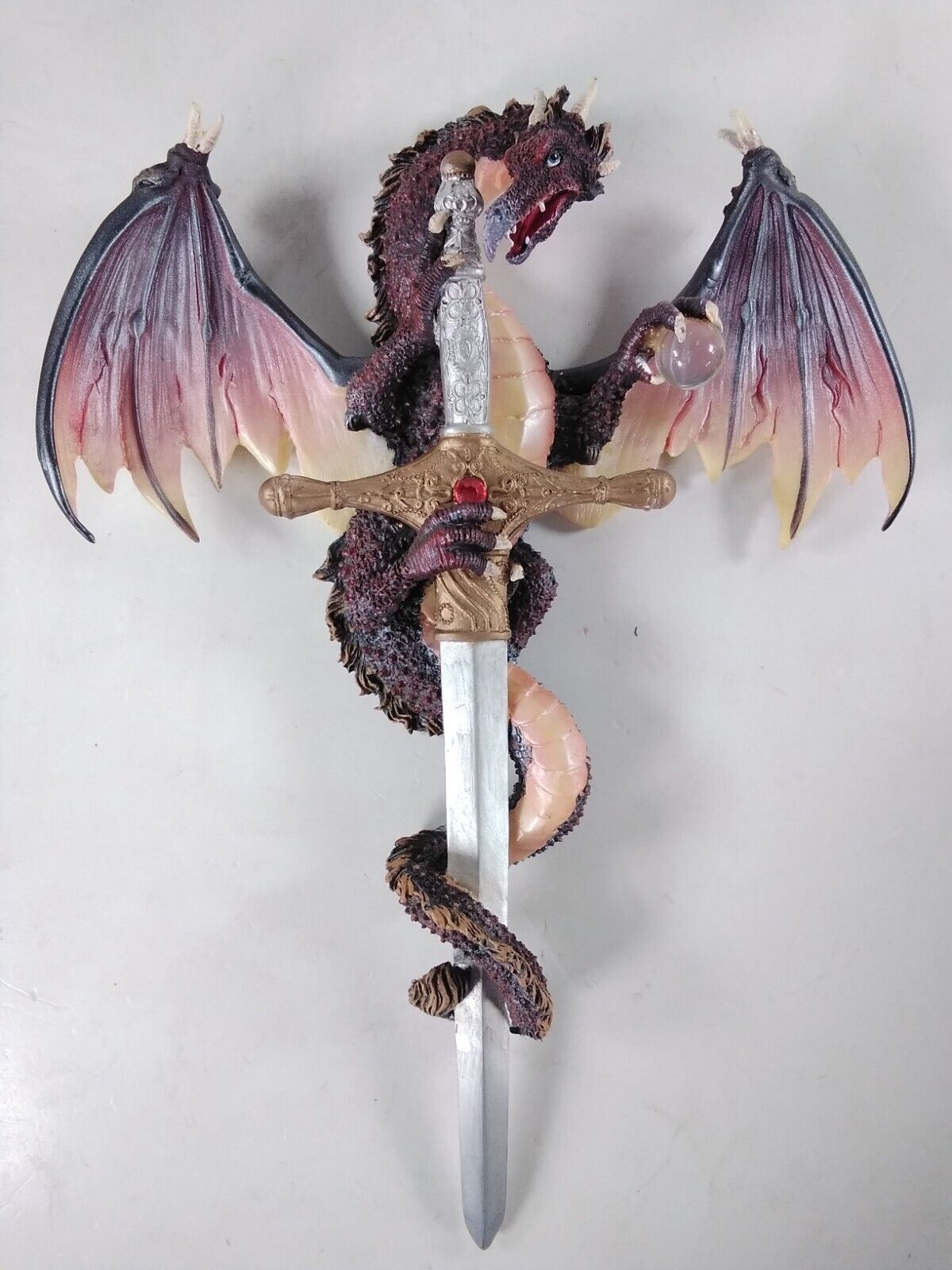 Red &amp; Black Dragon with Orb &amp; Sword Medieval 10&quot; Fantasy Statue Wall Dec... - $14.50