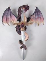 Red &amp; Black Dragon with Orb &amp; Sword Medieval 10&quot; Fantasy Statue Wall Decoration - £11.66 GBP