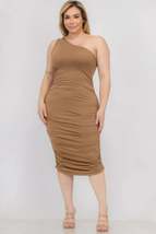 Plus Size Sexy Solid Color Ruched One Shoulder Midi Bodycon Dress - $18.50