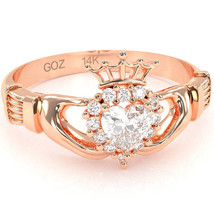 Claddagh White Topaz Diamond Ring In Solid 14k Rose Gold - £447.75 GBP