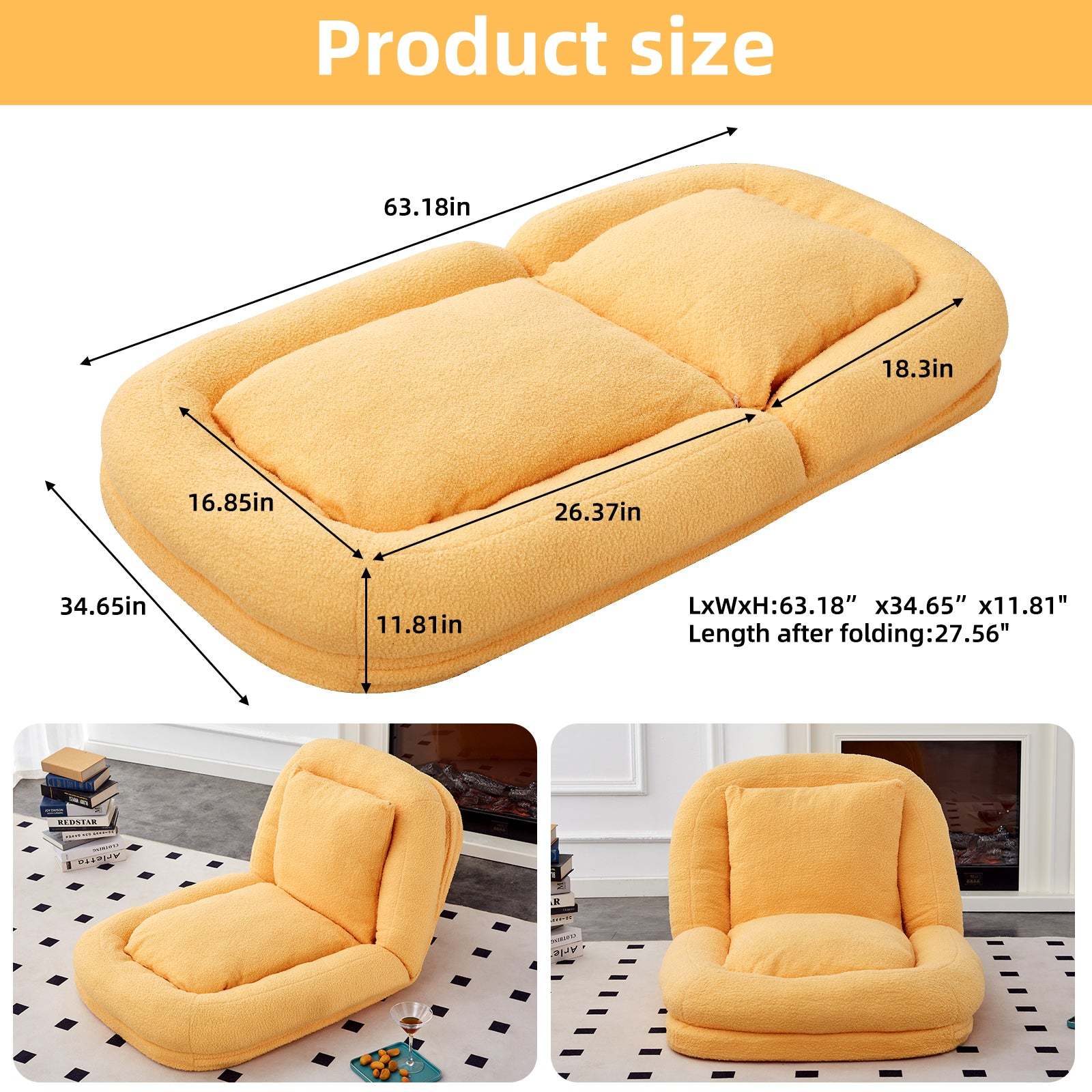 Yellow Teddy Folding Sofa Chair - 5-Position Adjustable Gaming Item image 6
