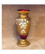 Vintage Bohemian Czech Cranberry 24K Gold Encrusted Enameled Glass Vase ... - $107.91