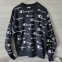 Champion Reverse Weave Heavy Crew All Over Logo Sweatshirt Black Panel Sides Lg - £35.43 GBP