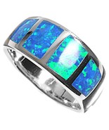 Opal Ring Sterling Silver October Emerald-Cut Blue Simulated Opal Ring - £61.32 GBP+