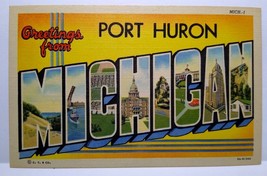 Greetings From Port Huron Michigan Large Big Letter Postcard Linen Curt Teich  - £10.09 GBP