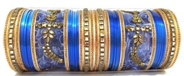 Indian Style Kundan Chura Bridal Blue Gold Wedding Dulhan Bangle Set Size 2.6 - £23.54 GBP