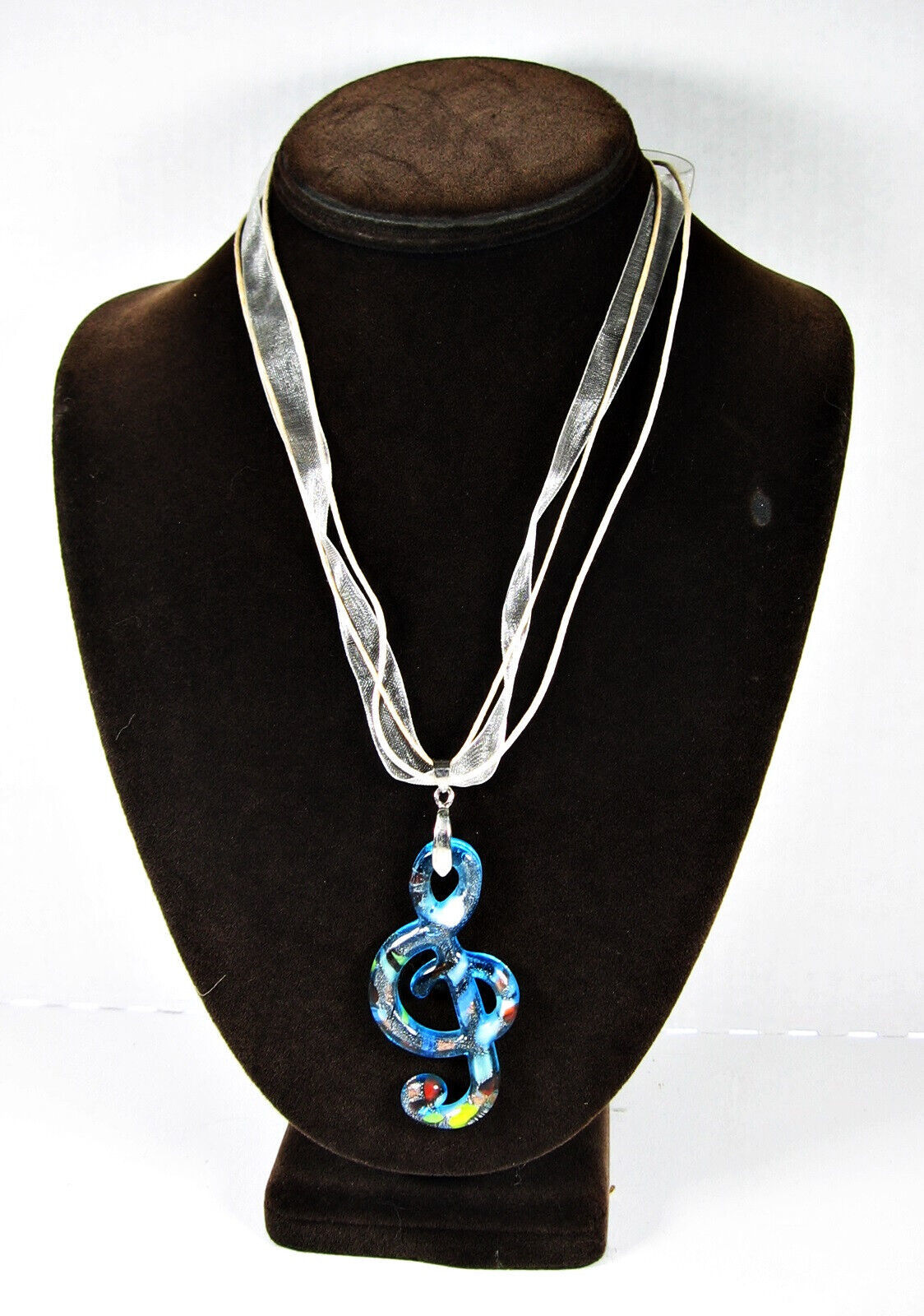 Primary image for Blue Art Glass TREBLE CLEF PENDANT Vintage NECKLACE Ribbon 3 Strand Foil Colors