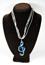 Blue Art Glass Treble Clef Pendant Vintage Necklace Ribbon 3 Strand Foil Colors - £20.15 GBP