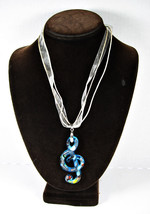 Blue Art Glass TREBLE CLEF PENDANT Vintage NECKLACE Ribbon 3 Strand Foil... - £20.32 GBP