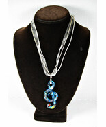 Blue Art Glass TREBLE CLEF PENDANT Vintage NECKLACE Ribbon 3 Strand Foil... - $25.73