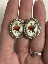 Vintage Folk Square Dancing Couple Clip Earrings Silver Tone - £8.88 GBP