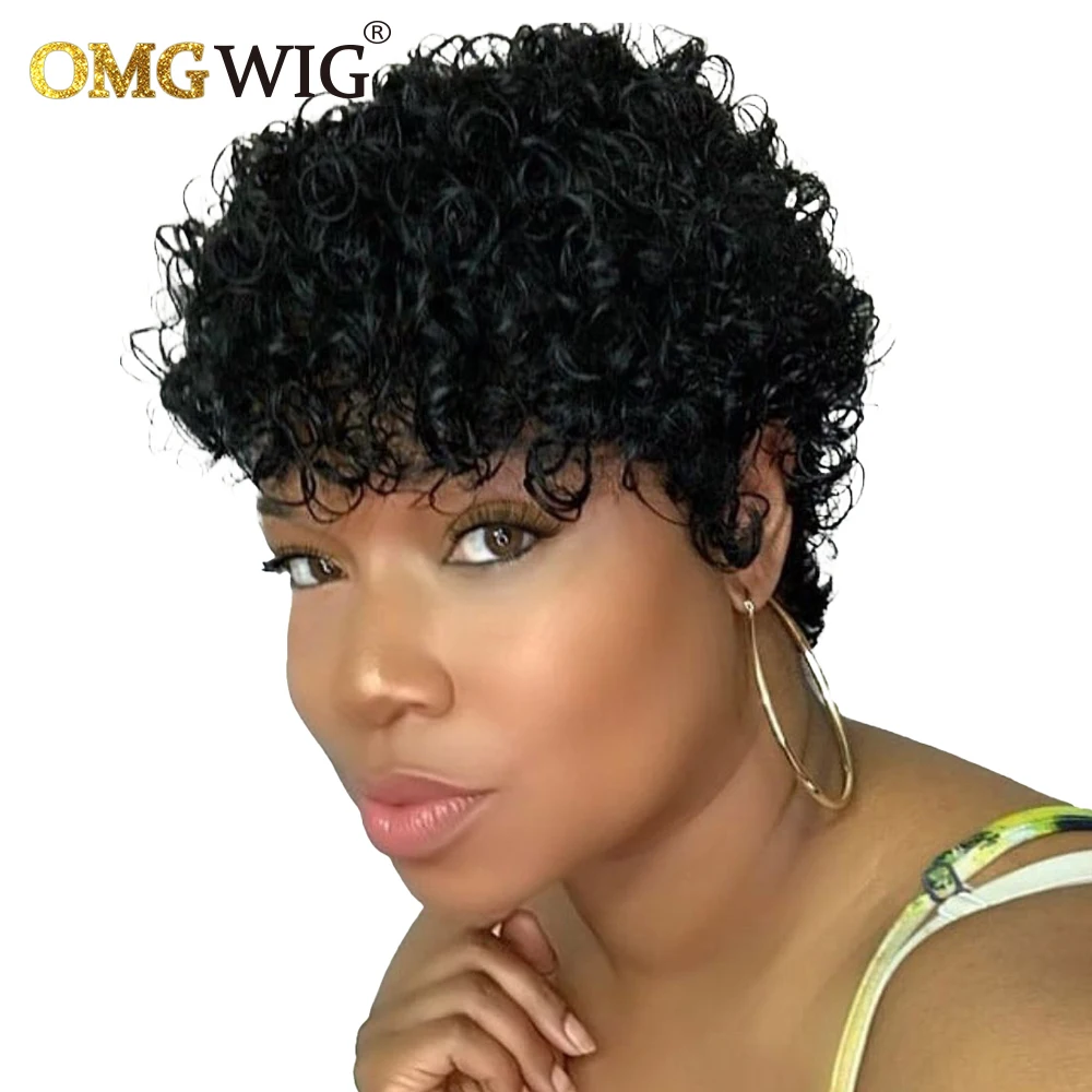 Short Curly Wigs For Black Women Cheap Pixie Cut Human Hair Wigs Full Machi - £41.51 GBP