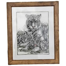 Vtg Beautiful Finished Cross Stitch Tiger w/Cubs Black White Glass/ Frame READ** - $71.05