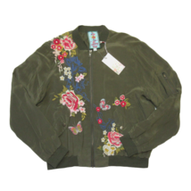 NWT Johnny Was Lucy Bomber Jacket in Army Green Silk Embroidered Full Zip S - £142.00 GBP
