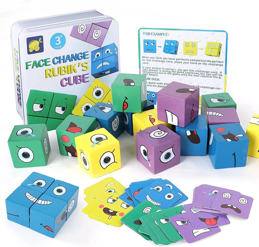 Wooden Expressions Matching Blocks Puzzles Building Cubes Toy Brain Teasers - £13.30 GBP+