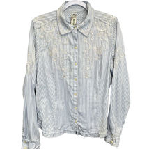 Johnny Was 3J Workshop Embroidered Top Blue White XL Long Sleeve Raw Edges  - £59.35 GBP