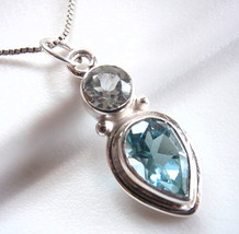 Two-Tone Dbl-Gem Faceted Blue Topaz Necklace 925 Sterling Silver Teardrop #85a - £23.01 GBP