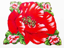 Linen Handkerchief California Red Poppy Flowers Leafy Scalloped 1950s Br... - $16.90