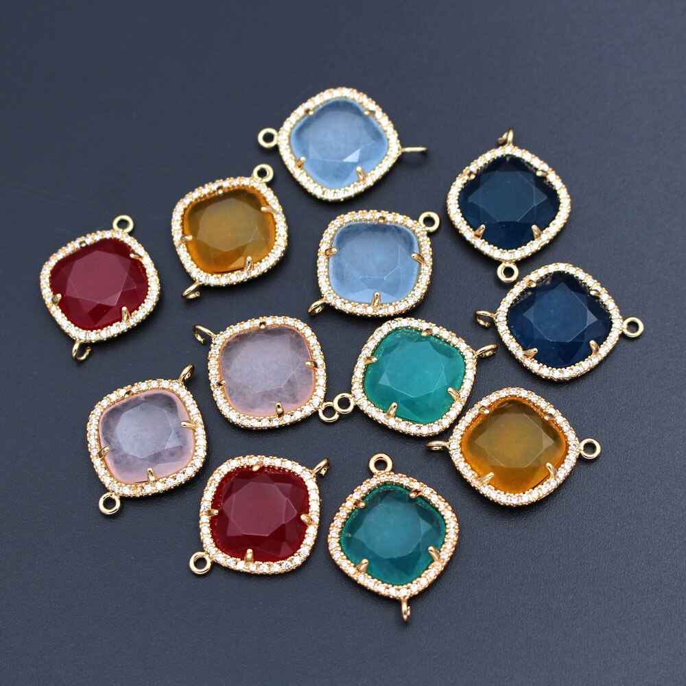 10pcs Trendy Faceted Square Stone Double Hole Connectors CZ Paved Color Jade Sto - £41.04 GBP