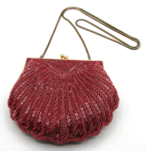 Cadaz Burgundy Beaded Clamshell Scallop Clutch Bag Kiss Lock Gold Long C... - $29.79