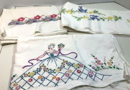 Lot Of 3 Hand Embroidered White Pillowcases Standard Size Different Designs - £11.95 GBP