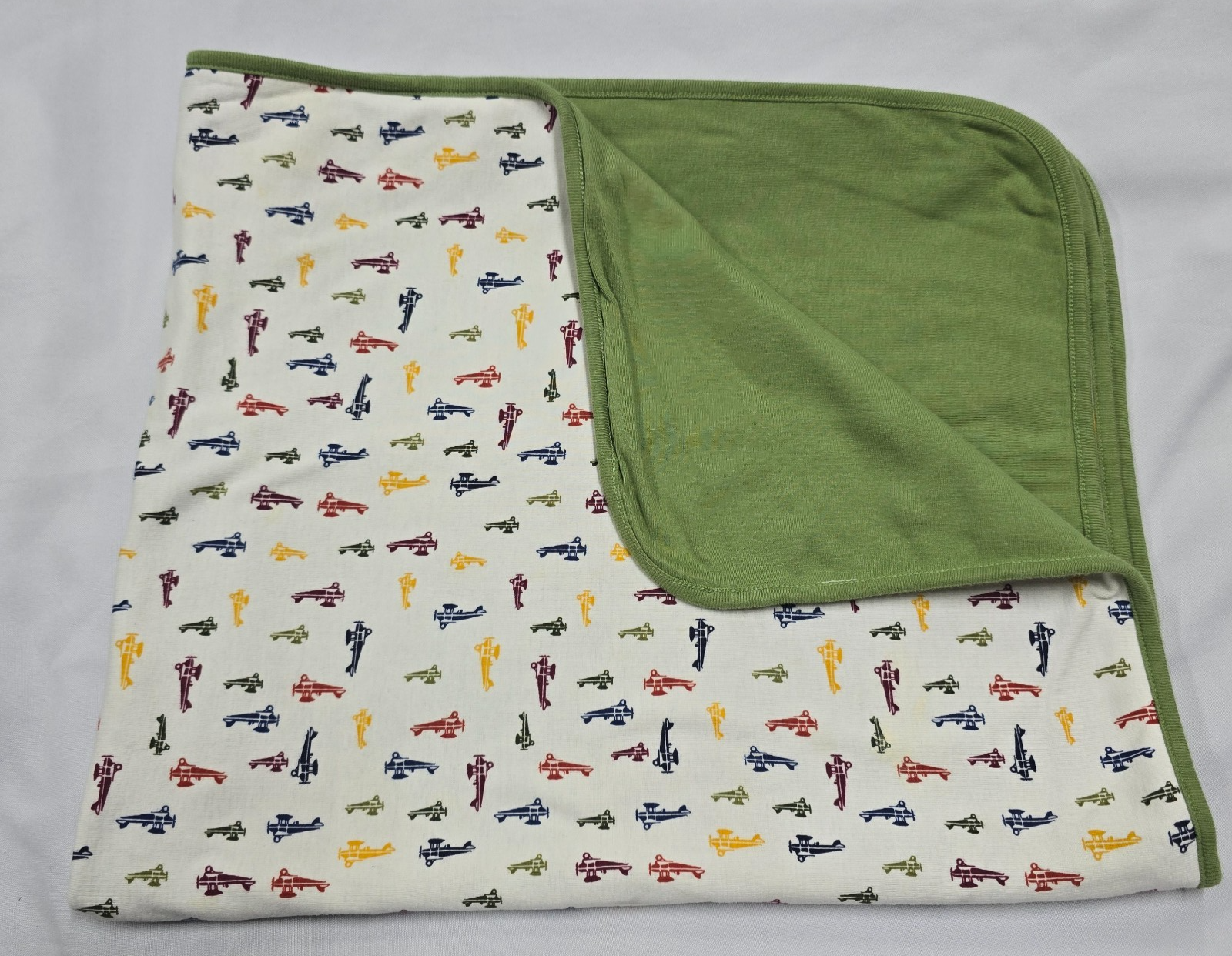 Baby Gap White Green Airplane Planes Cotton Blanket 2003 Reversible 2 La... - $98.99