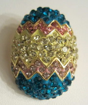 Easter Egg Pin Brooch Pink Yellow Blue Spring Rhinestones Gold Tone Setting - £18.77 GBP