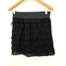Black Ruffle Layered Skirt Red Lining LARGE Elastic Waist Short A’GACI - £10.61 GBP