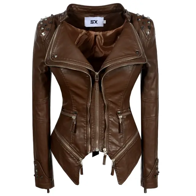 Studded riveted slim waist faux Leather retro biker jacket woman&#39;s brown - $79.99
