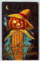 Halloween Postcard Corn Cob Man Anthropomorphic Moon Stars Embossed Fantasy 1909 - £44.58 GBP