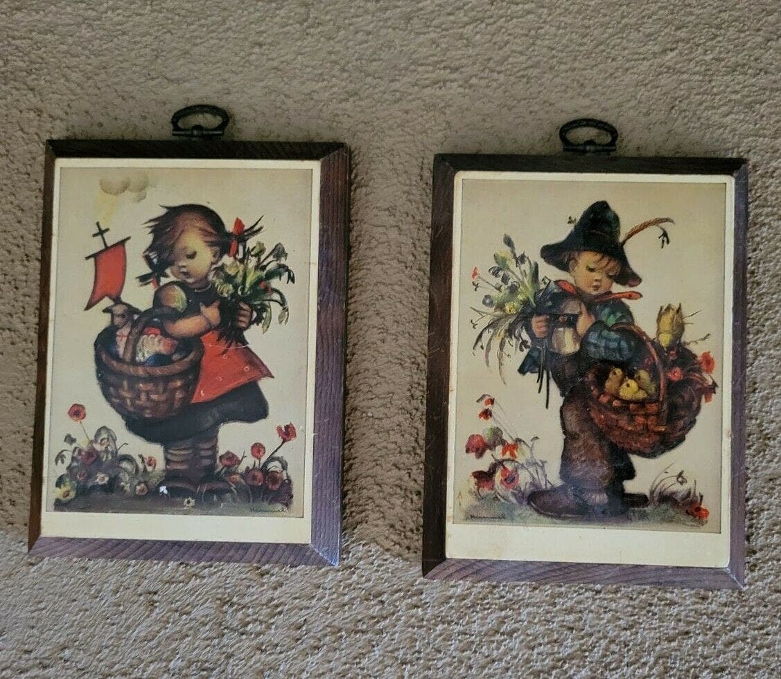 Set of Vintage Hummel Prints Wood Lacquered Wall Plaques - boy & girl -6.5"x4.5" - $23.38