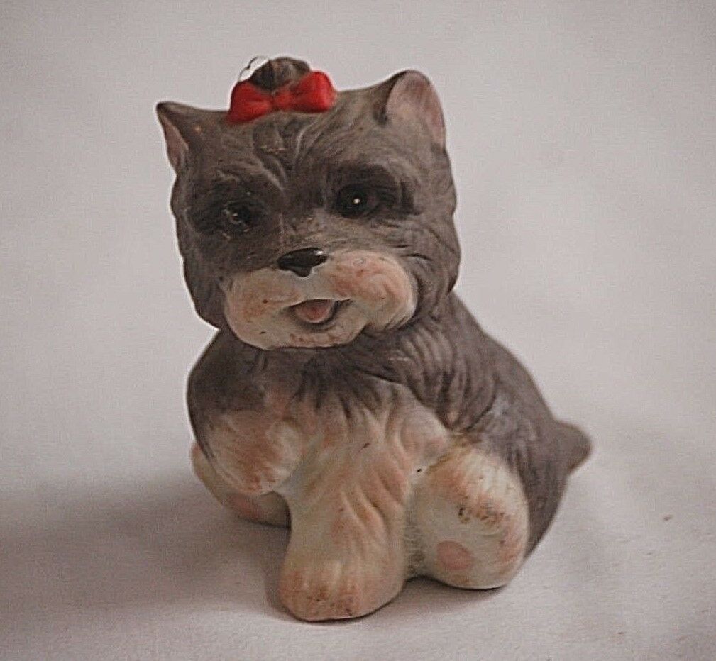 Vintage Homco Mini Schnauzer Yorkie Terrier Red Bow Figurine Shadow Box ... - $6.92