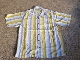 TOMMY BAHAMA Mens LARGE Shirt Yellow/Blue Striped 100% Silk Button Front... - £28.32 GBP