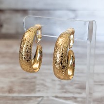 Vintage Clip On Earrings Gold Tone 1.5&quot; Patterned Elongated Hoops - £12.78 GBP
