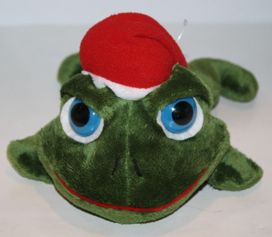 Russ Plush Lil Peepers Green Frog 10&quot; Christmas Santa Cap Blue Eyes Stuf... - $24.16