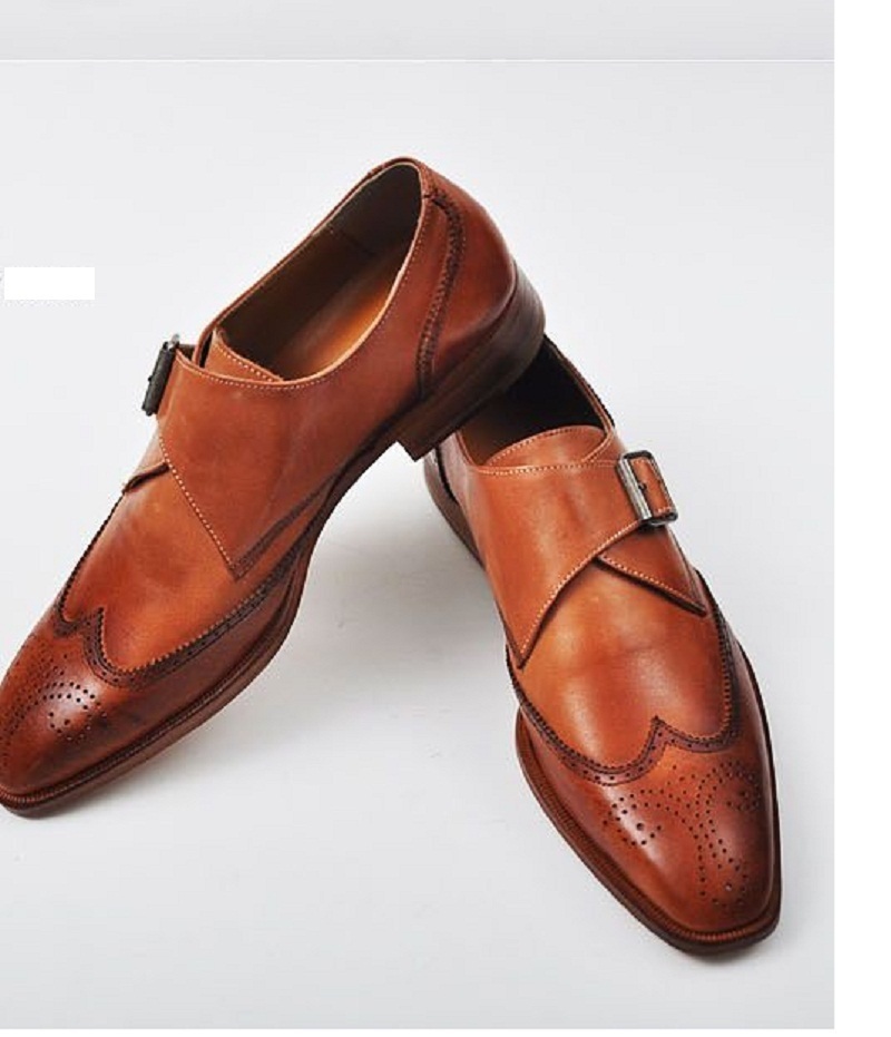 New  Handmade men Tan color dress shoes Mens leather monk shoes Mens formal sho