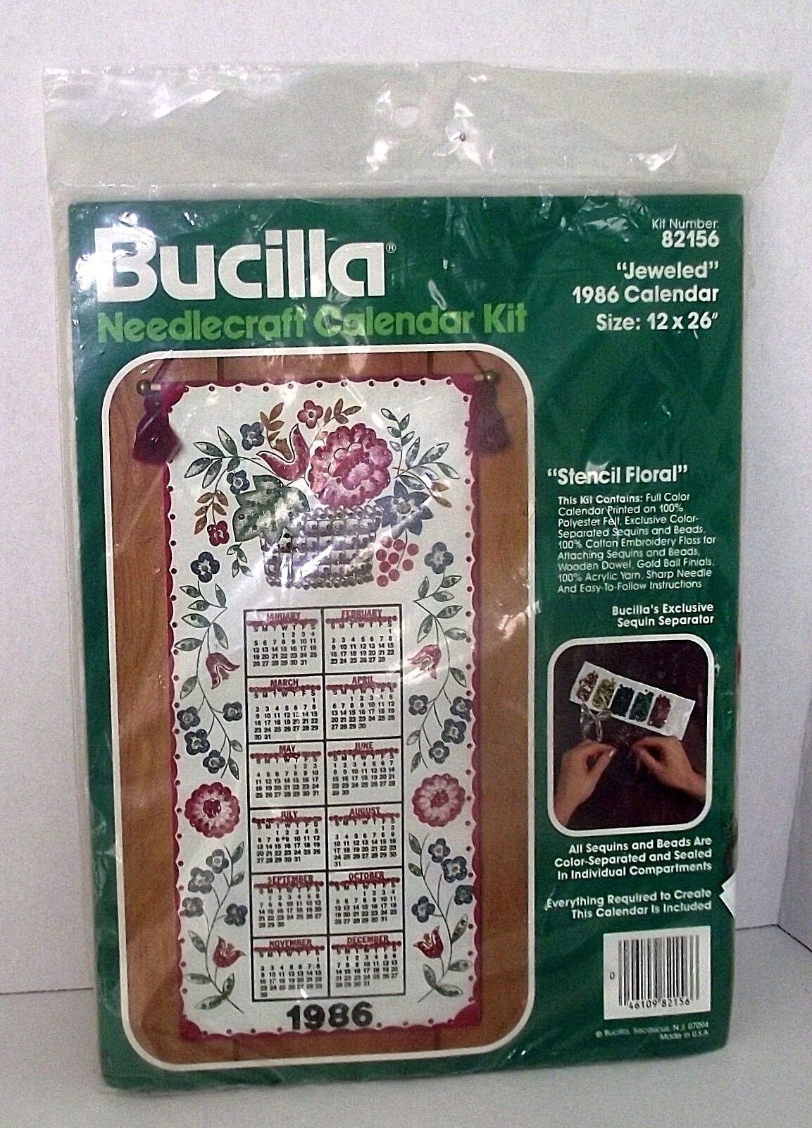 Calendar 1986 Sequins Jeweled Kit Needlecraft Stencil Floral Bucilla 82156 NIP - $15.79