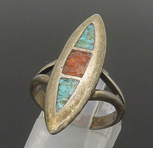SOUTHWESTERN 925 Silver - Vintage Turquoise &amp; Coral Band Ring Sz 4 - RG16995 - £35.33 GBP