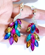 Colorful Peacock Earrings, Colorshift Drop Earrings, Rhinestone Chandelier Earri - £31.95 GBP