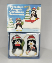 Vintage 1986 Flocked Porcelain Penguin Christmas Ornaments Taiwan NIB #21092 - £12.81 GBP