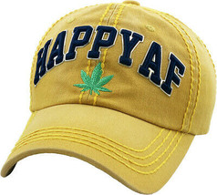 Happy AF 420 Marijuana Pot Weed Leaf Distressed Yellow Cap Dad Hat by KB Ethos - £15.00 GBP