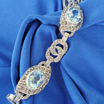 DESIGNER SIGNED 925 Sterling Silver Aqua BLUE TOPAZ Marcasite Bracelet C... - $375.25