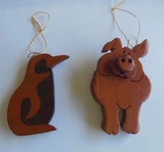 Carved Wood Pig &amp; Penguin Ornaments - £18.17 GBP