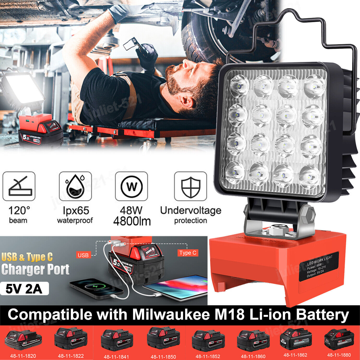 Portable LED Work Light for Milwaukee m18 18v Battery,48W Cordless Flood Lights - $45.98