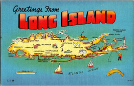 Vtg Postcard Map Greetings from Long Island Oyster Bay Linen Unposted - $6.79