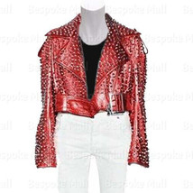 New Women&#39;s Red Full Silver Studded Brando Punk Shiny Cowhide Leather Ja... - £282.49 GBP