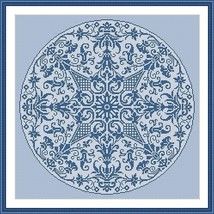 Vintage Pillow Design Blue Round Decor Motif Monochrome Cross Stitch Pattern PDF - £5.59 GBP