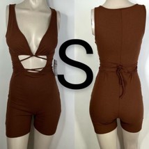 Brown Ribbed Low Cut Wrap Tie Cut Out Fashion Stretchy Bodycon Romper~Si... - £26.62 GBP