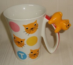 INDRA Orange Cat Figurine Mug - Hand Painted Polka Dot 10oz Stoneware Coffee Cup - £10.12 GBP